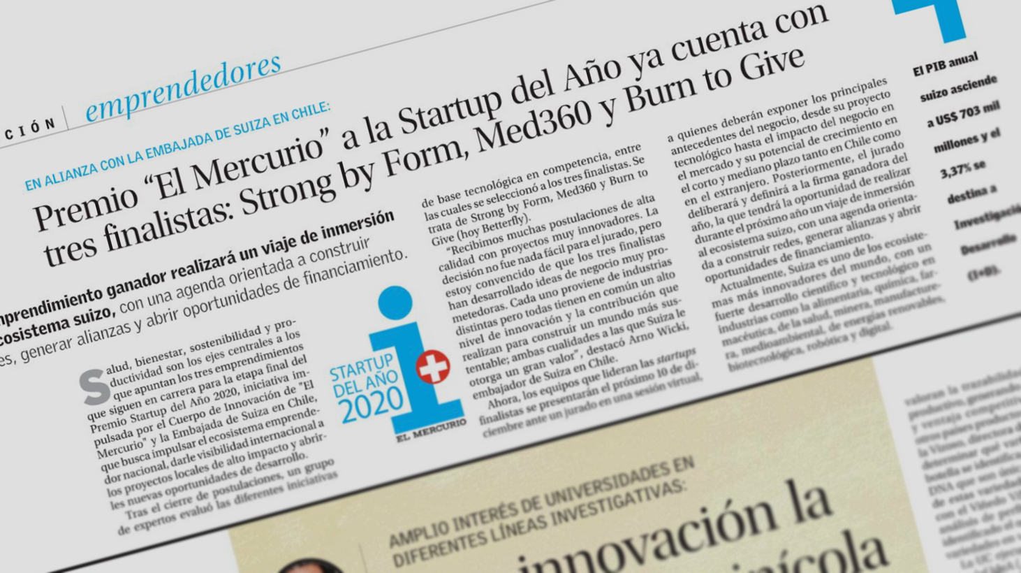 Premio “El Mercurio” a la Startup del Año ya cuenta con tres finalistas: Strong by Form, Med360 y Burn to Give.